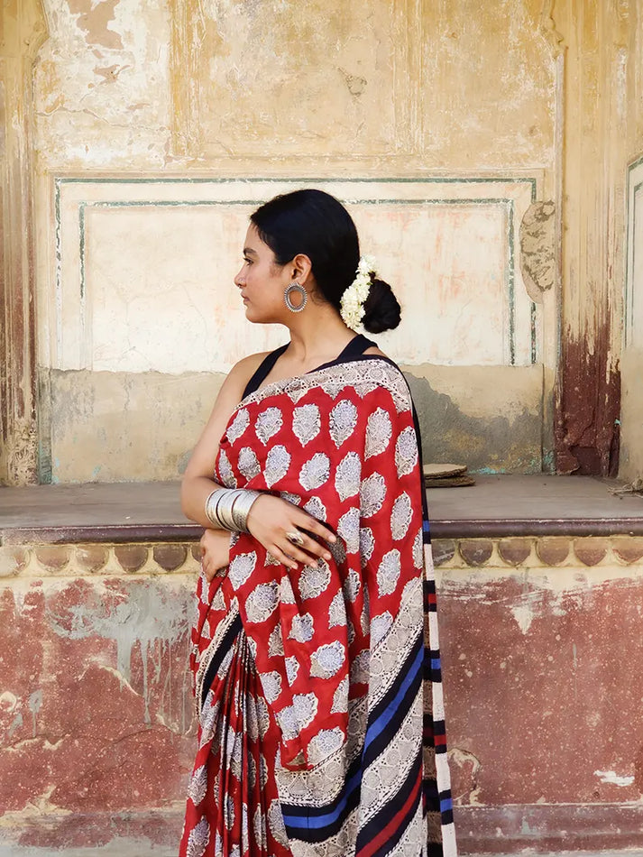 Red Cotton Mul Printed Saree