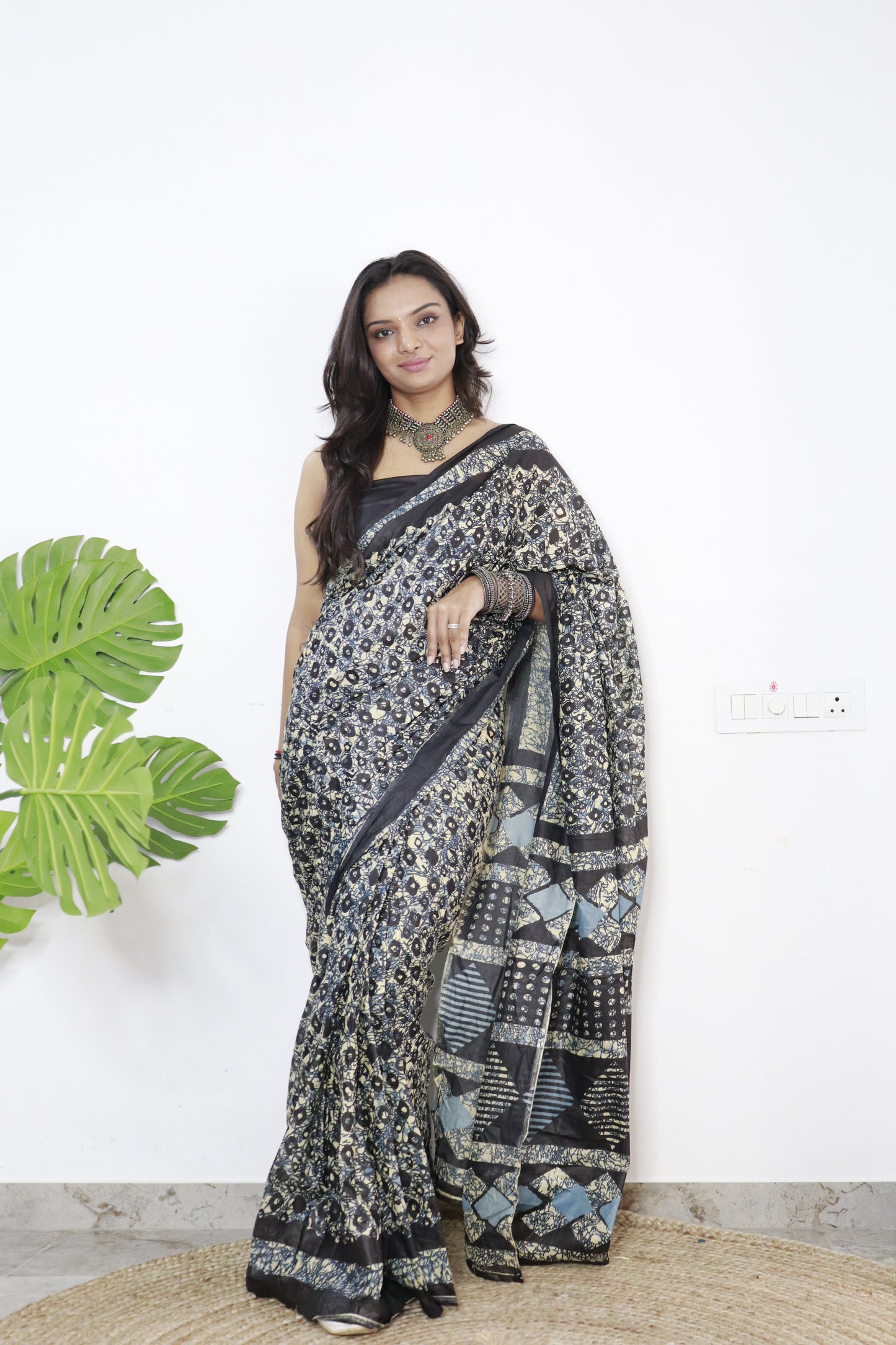 Black Cotton Printed Saree