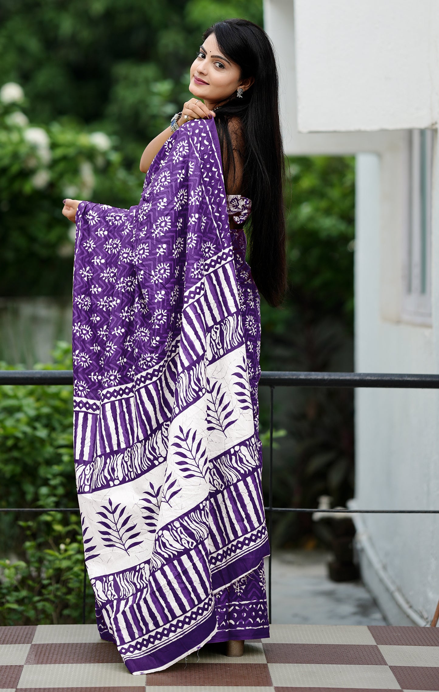 Purple Cotton Mul Printed Saree