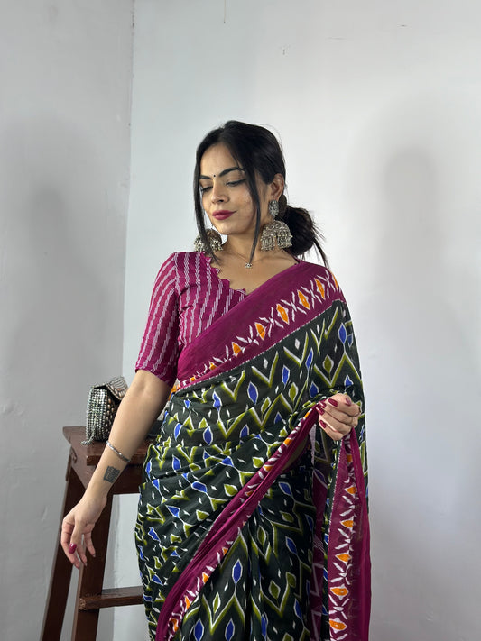 Wine-Green Cotton Mul Printed Saree