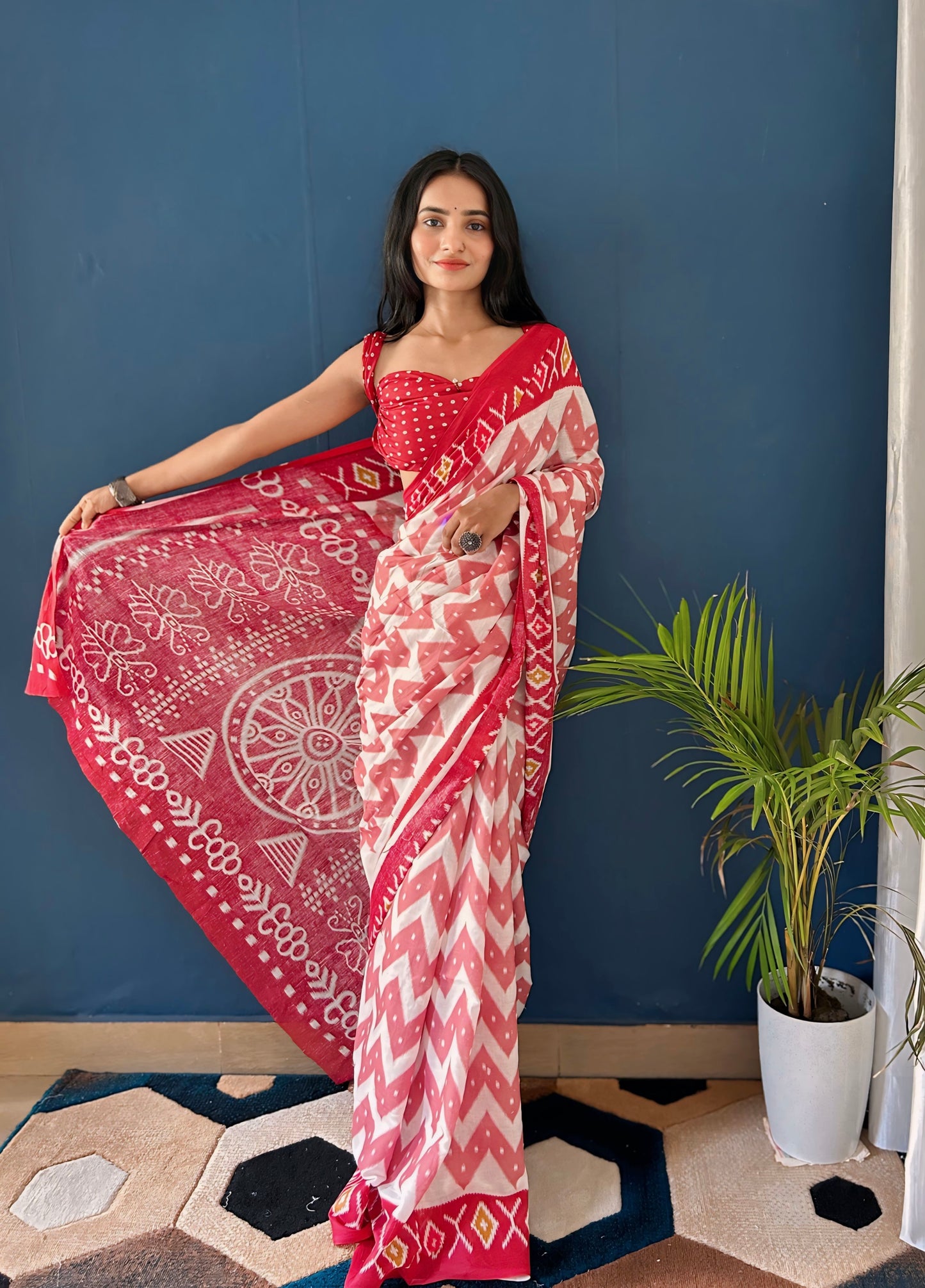 White-Cheery Red Cotton Mul Printed Saree