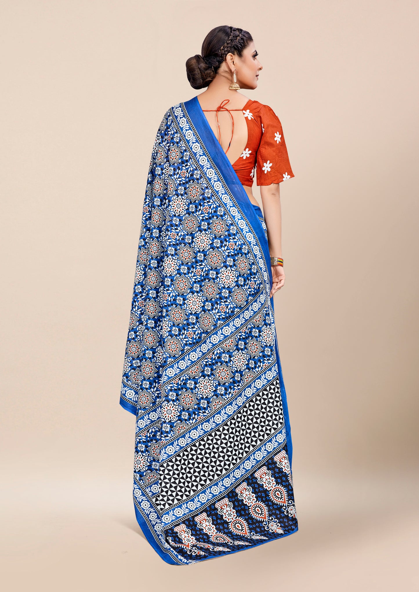 Designer Blue Cotton Mul Printed Saree