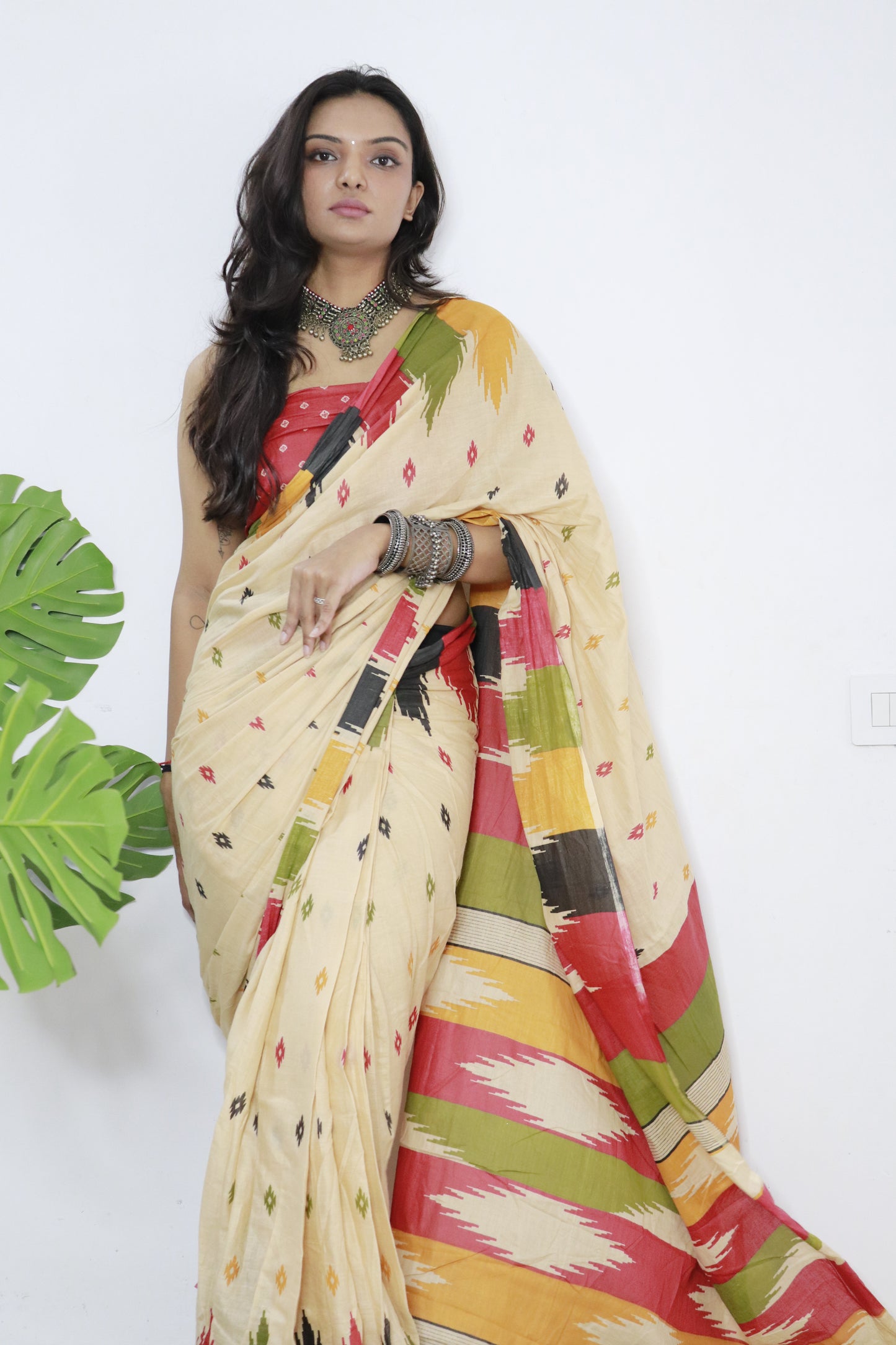 Cream Cotton Printed Saree