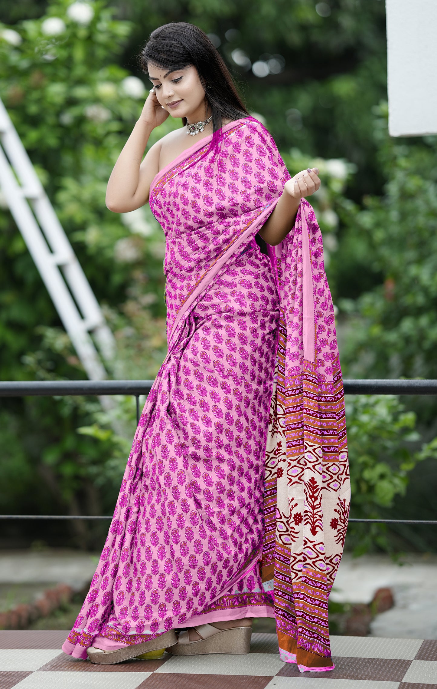 Pink Cotton Mul Printed Saree