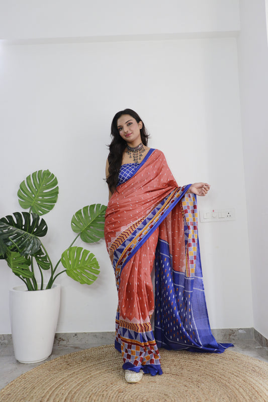 Peach-Blue Cotton Printed Saree