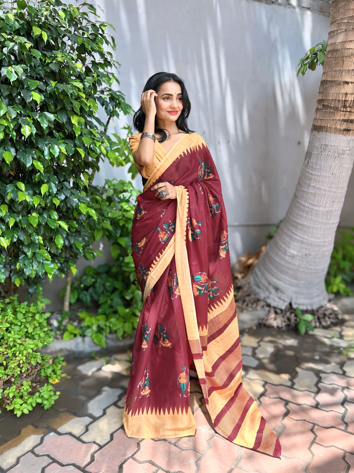 Maroon Cotton Mul Printed Saree