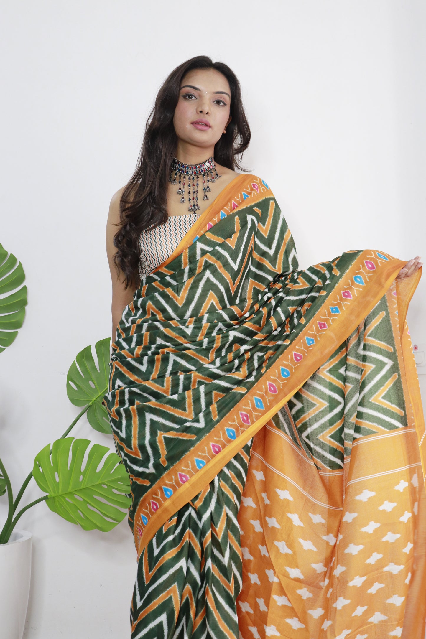 Green-Yellow Cotton Printed Saree