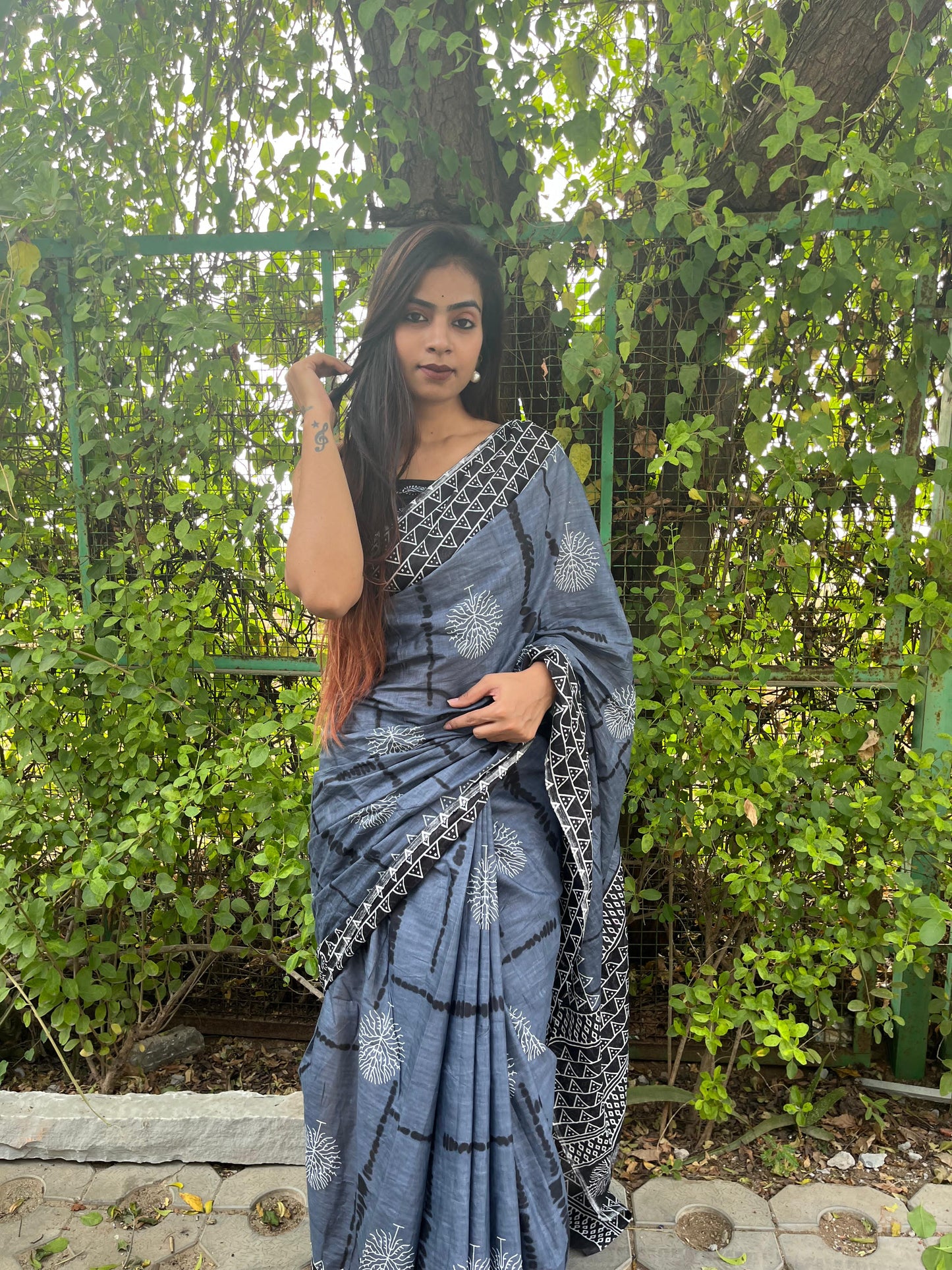 Grey Cotton Mul Printed Saree