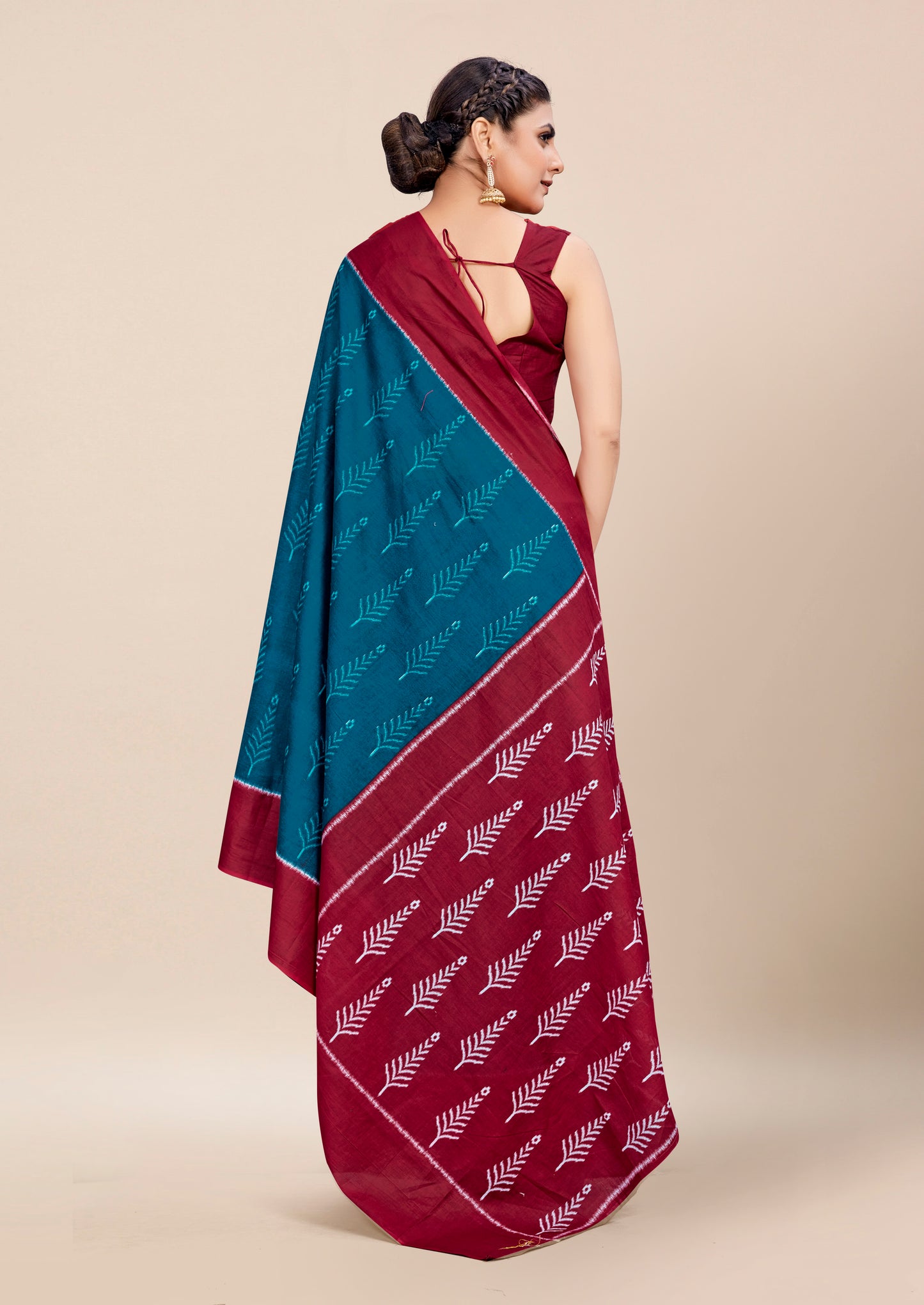 Maroon-Teal Blue Cotton Mul Printed Saree