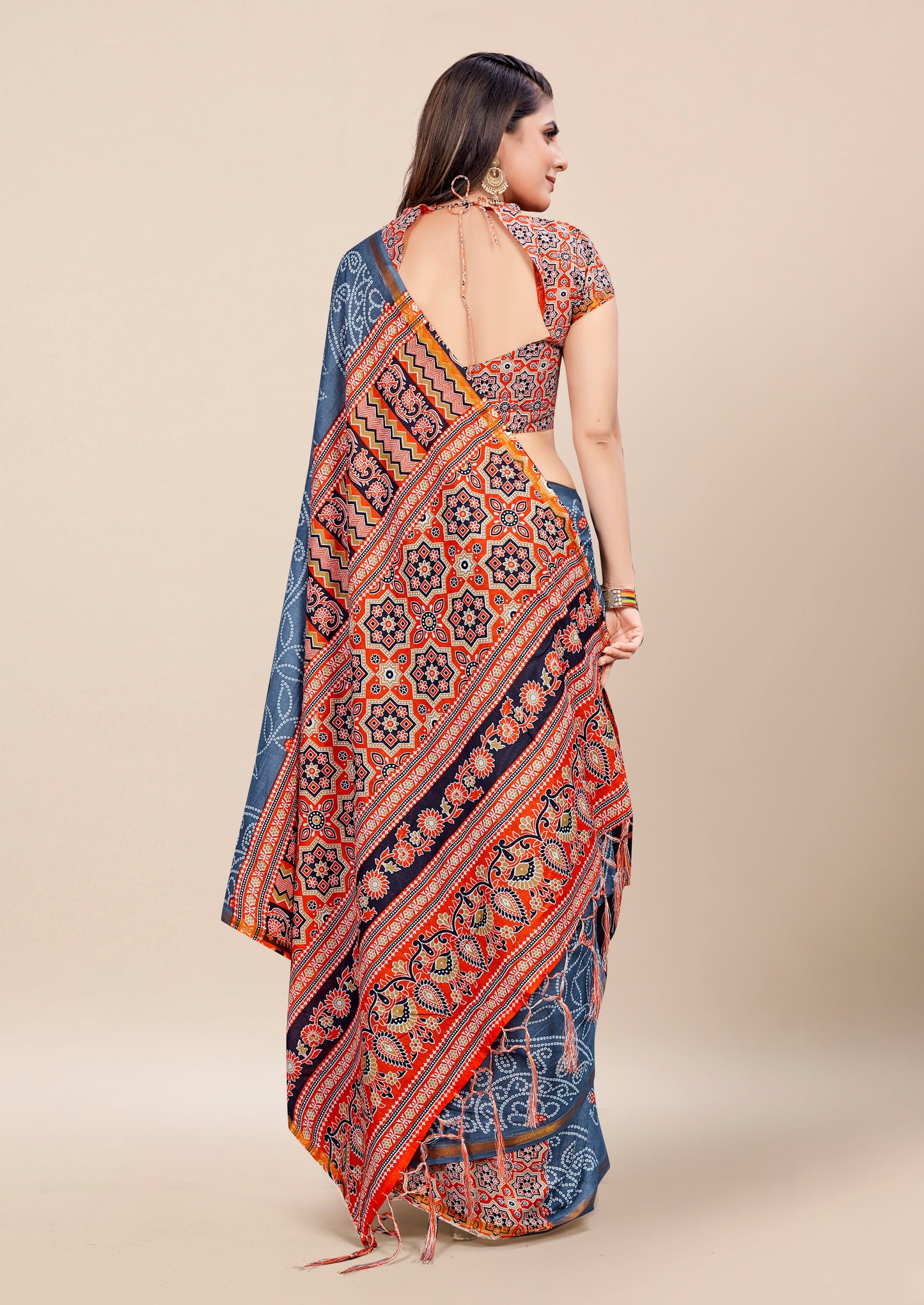 Teal Blue Cotton Mul Printed Saree