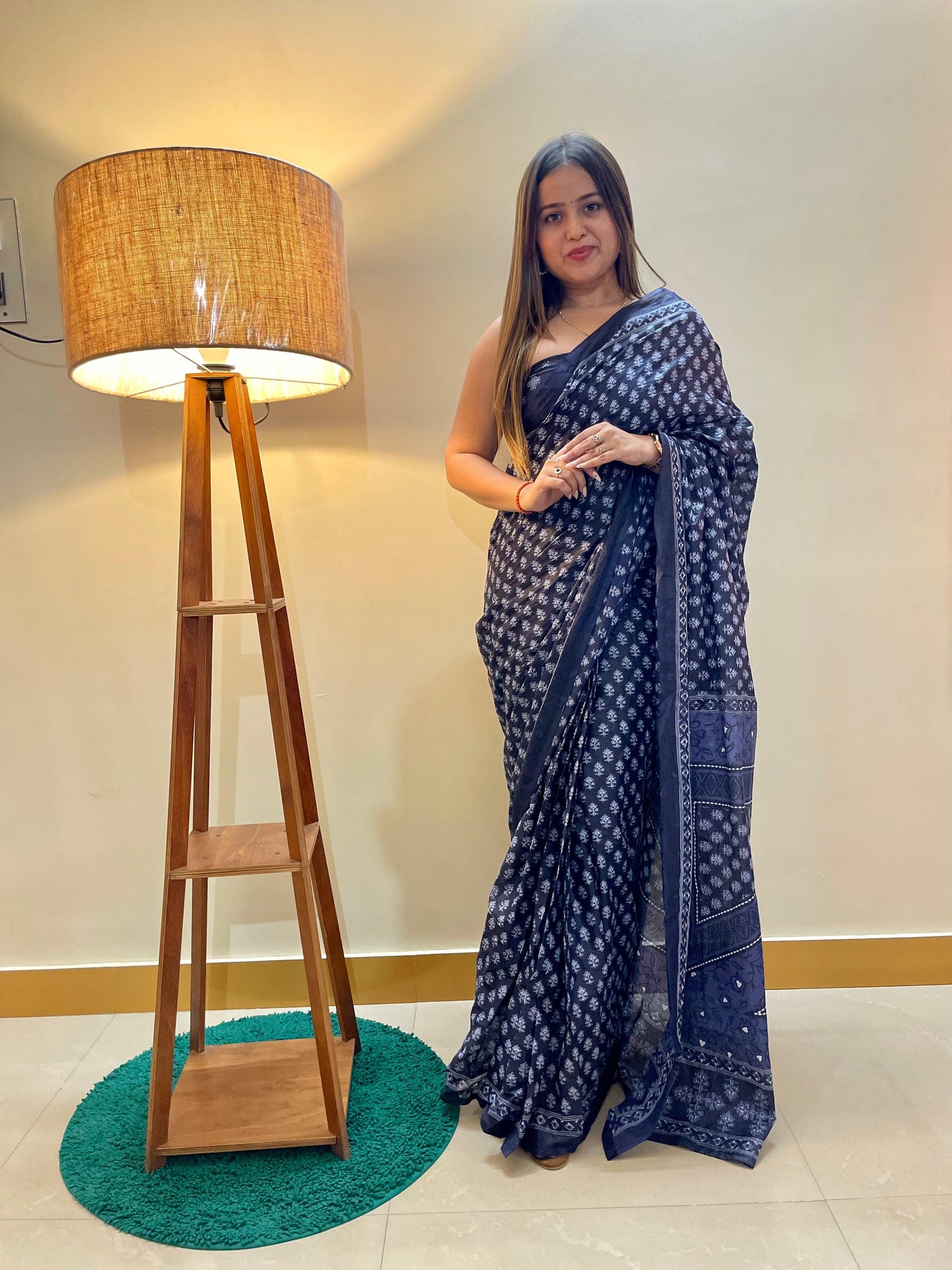 Blue Cotton Mul Printed Saree