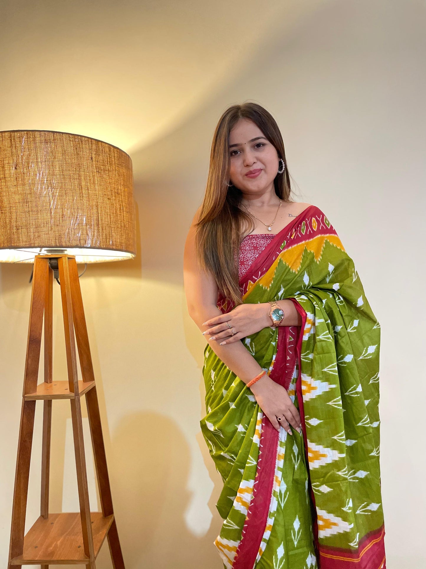 Green-Red Cotton Mul Printed Saree