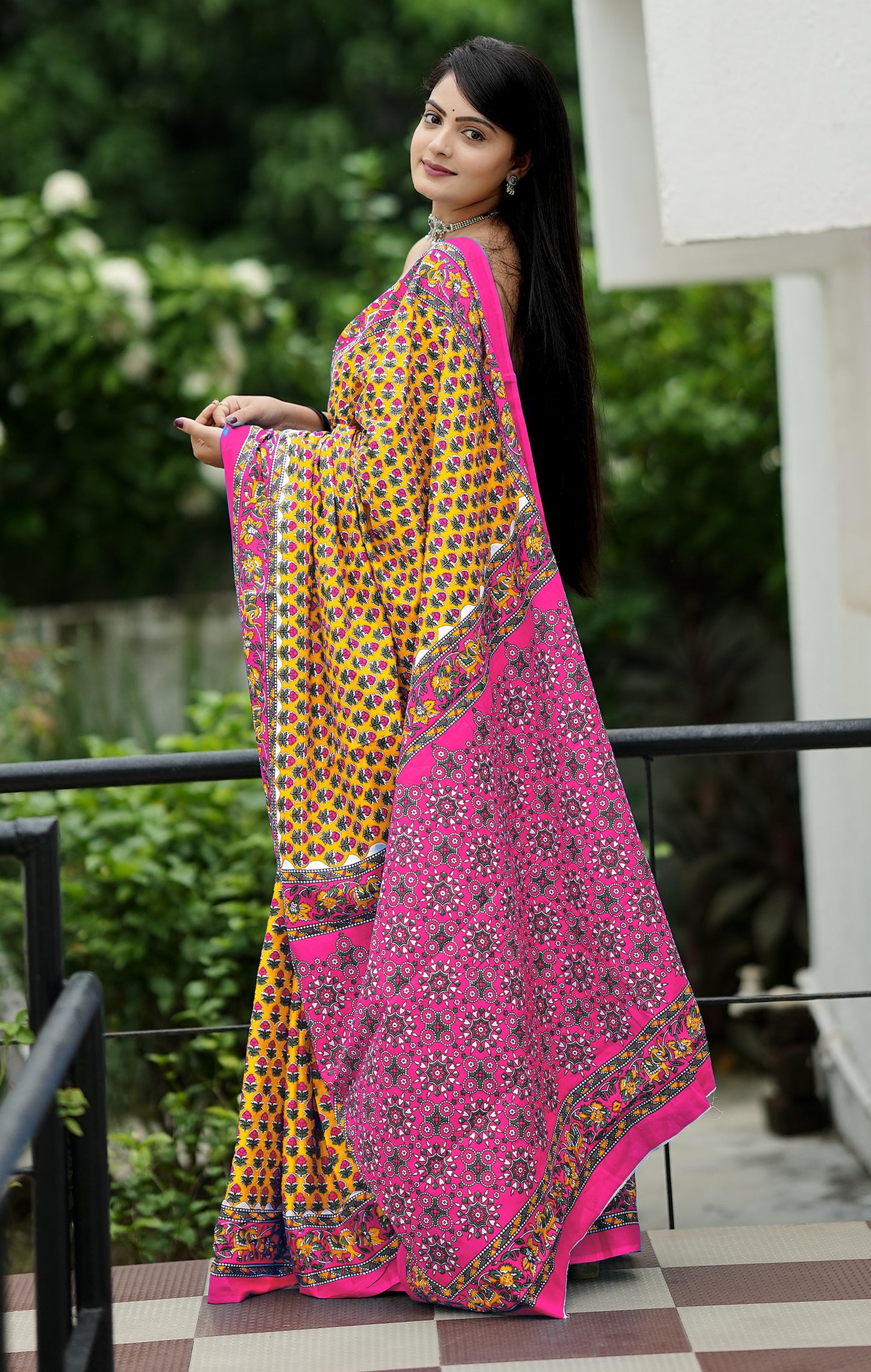 Yellow-Pink Cotton Mul Printed Saree