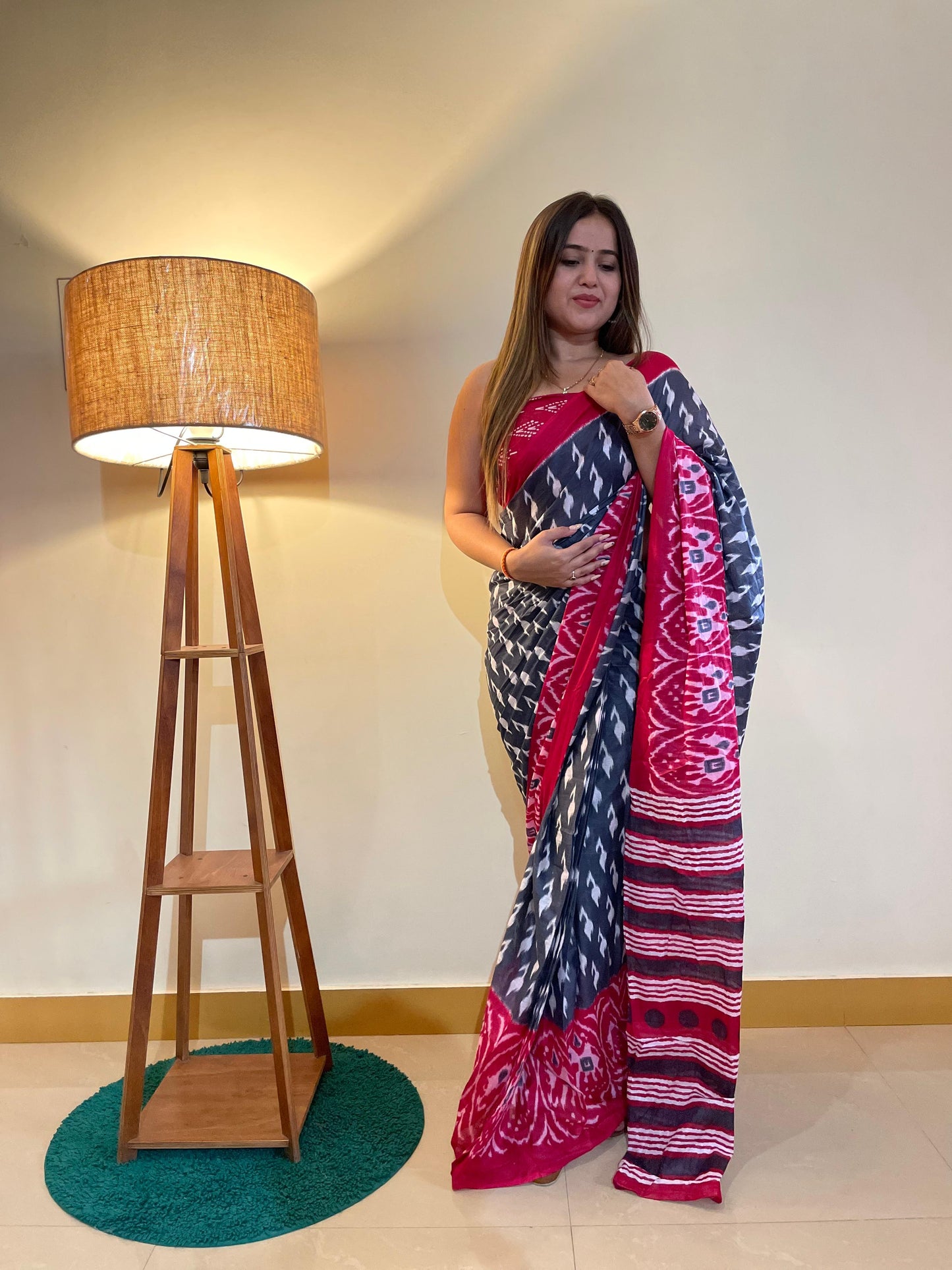 Pink-Grey Cotton Mul Printed Saree