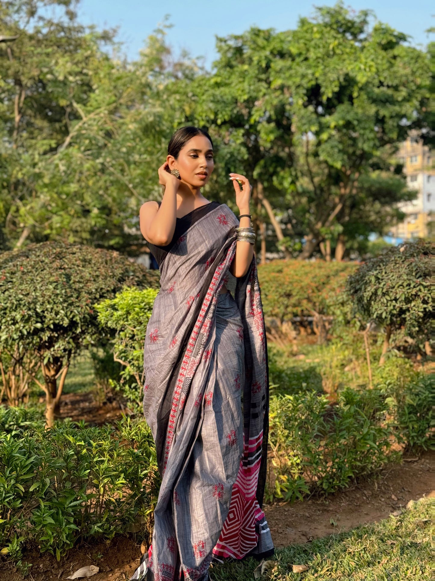 Brown Cotton Mul Printed Saree