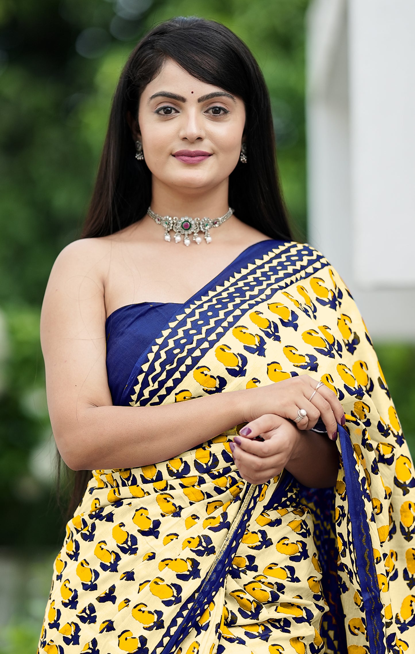 Yellow-Blue Cotton Mul Printed Saree