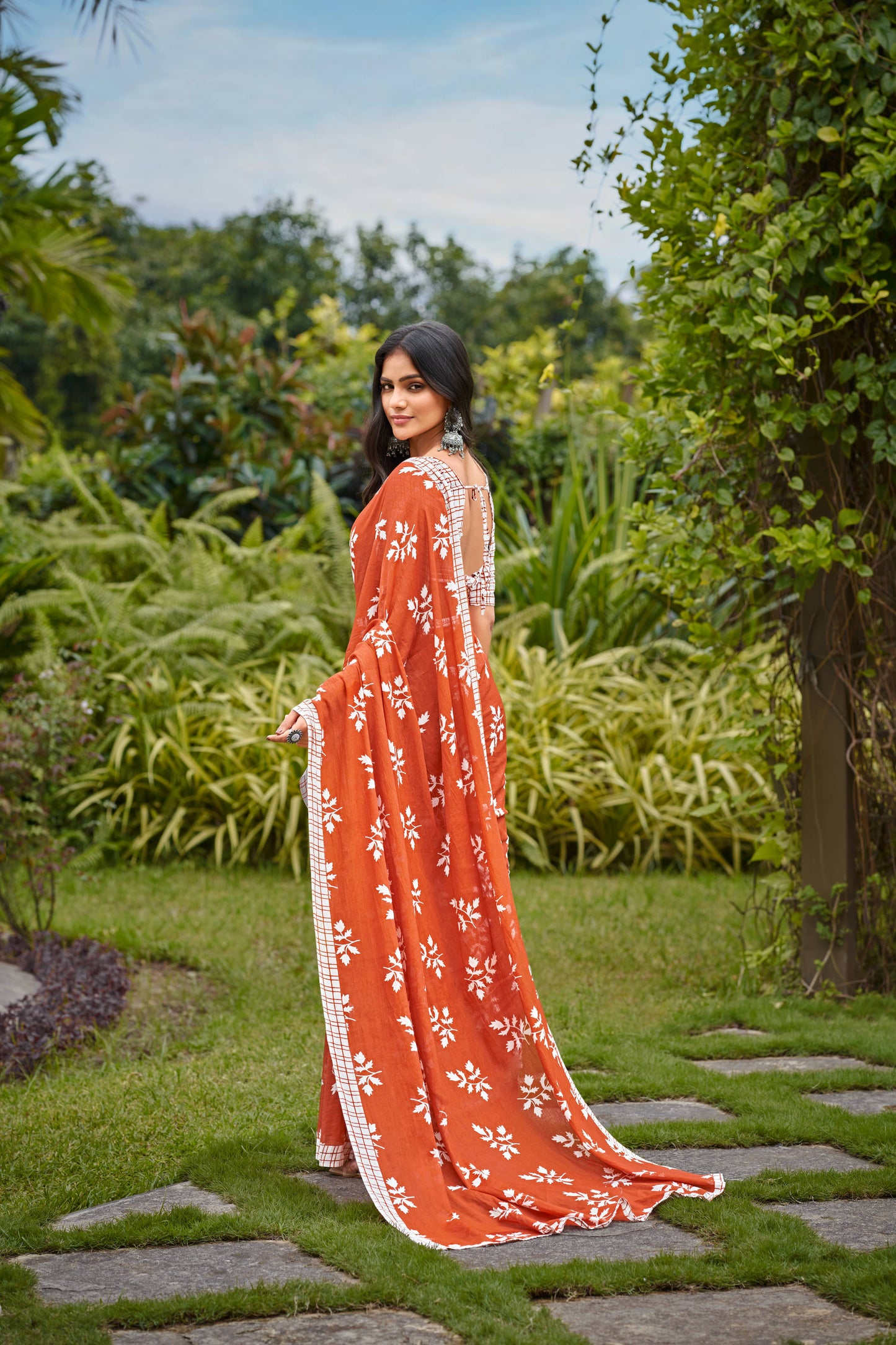 Orange Cotton Mul Printed Saree