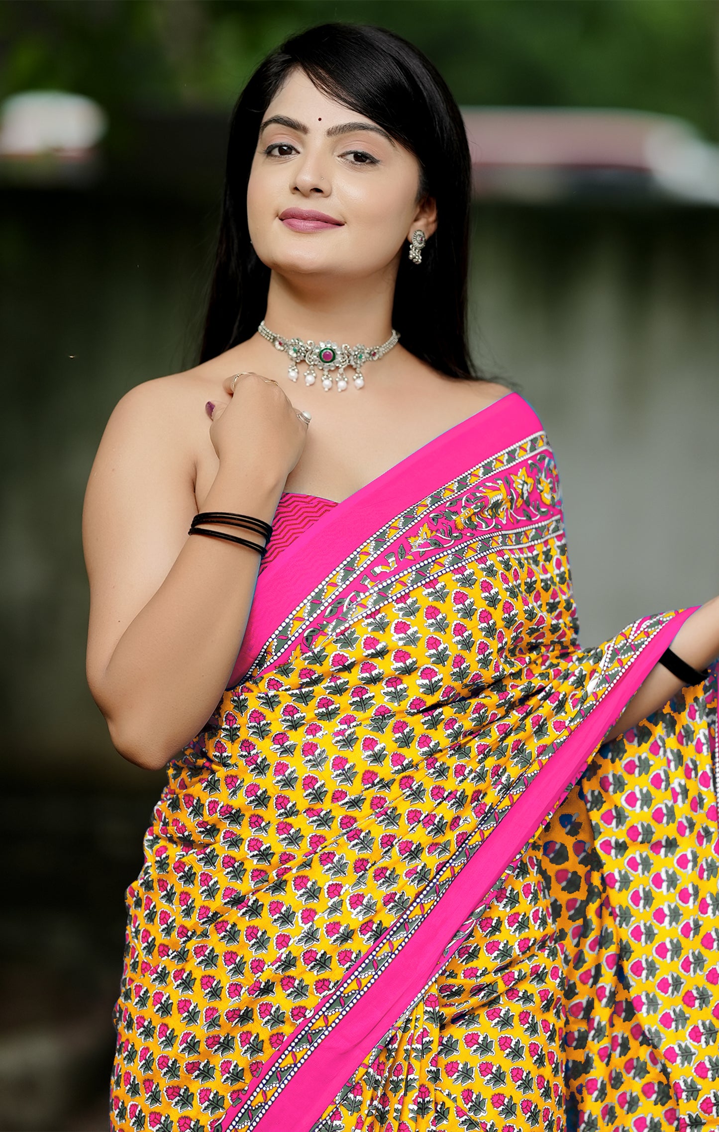 Yellow-Pink Cotton Mul Printed Saree