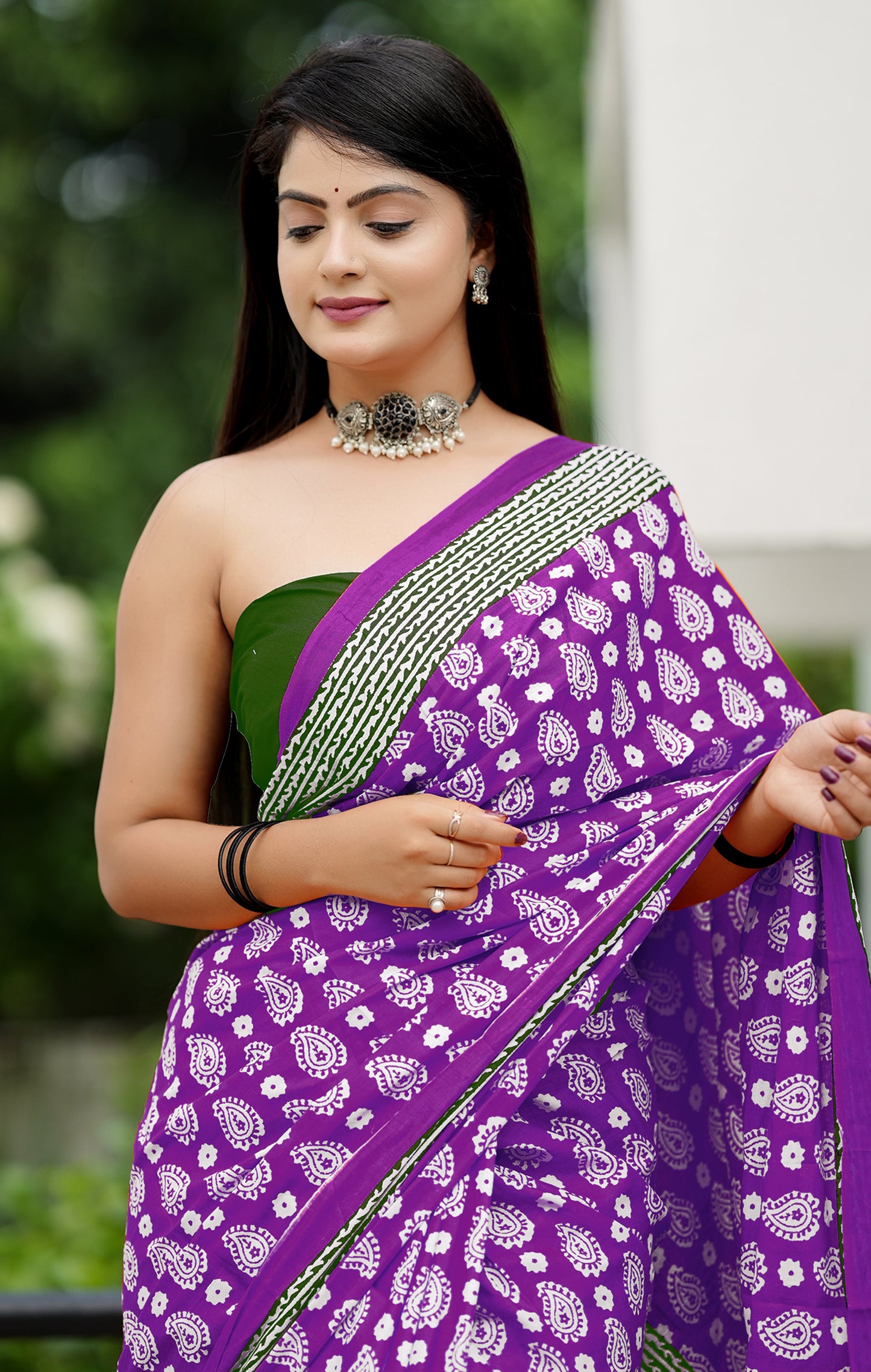 Purple Cotton Mul Printed Saree