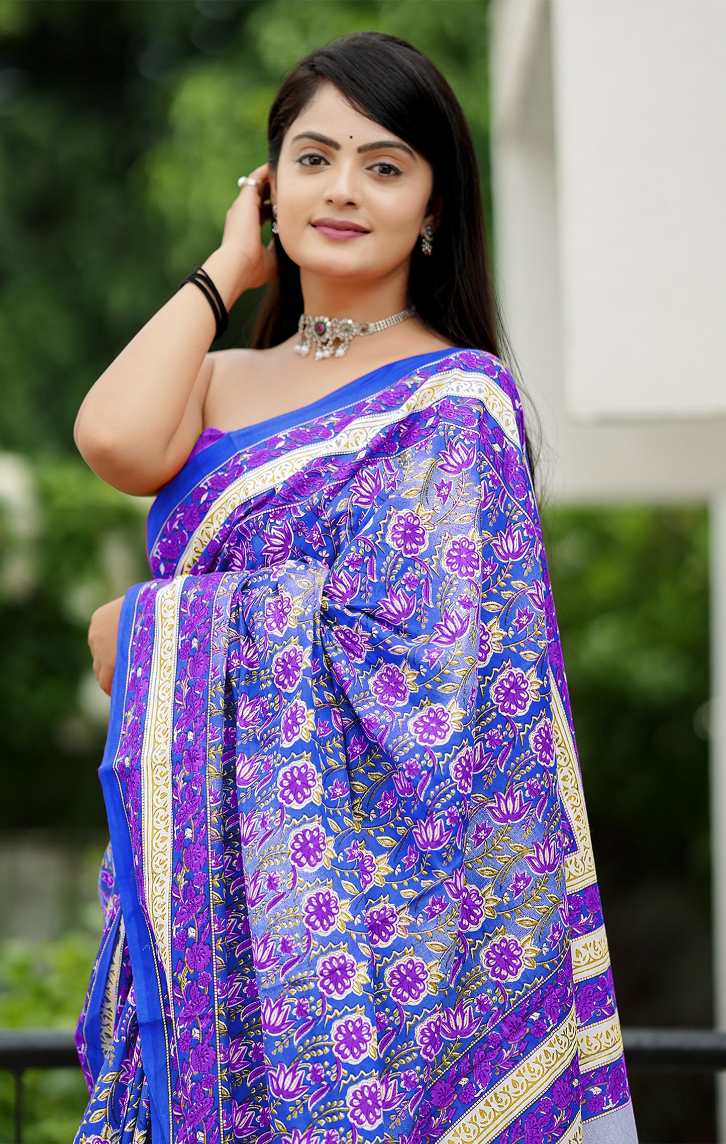 Blue Cotton Mul Printed Saree