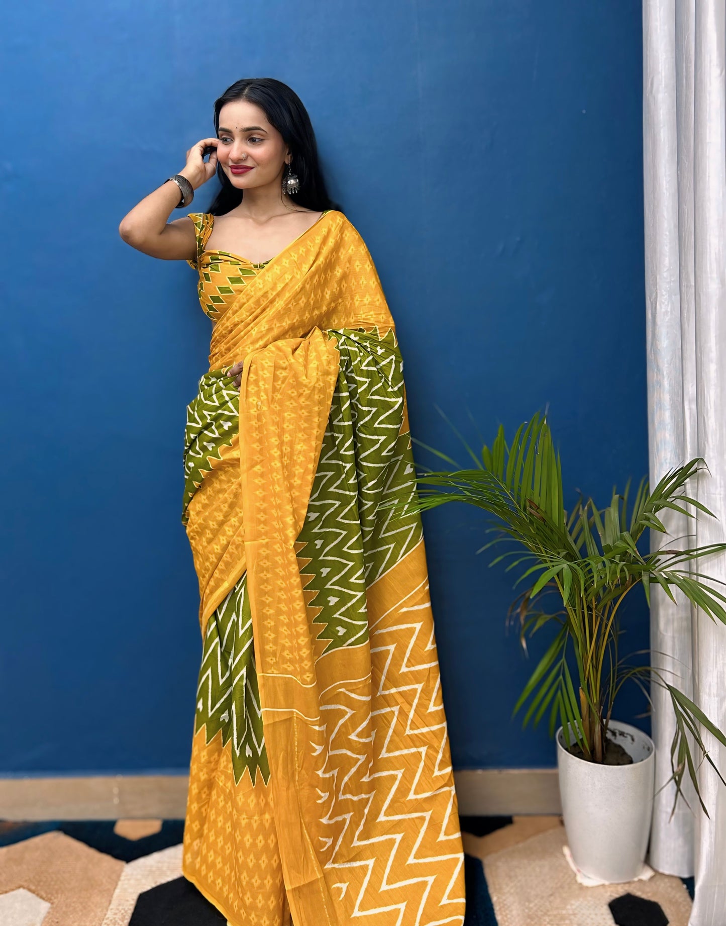 Green-Yellow Cotton Mul Printed Saree
