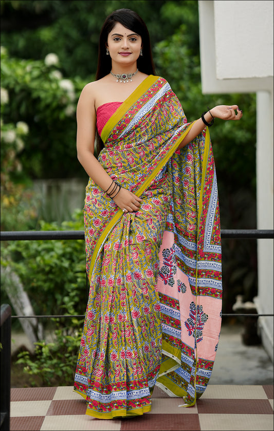 Green Cotton Mul Printed Saree