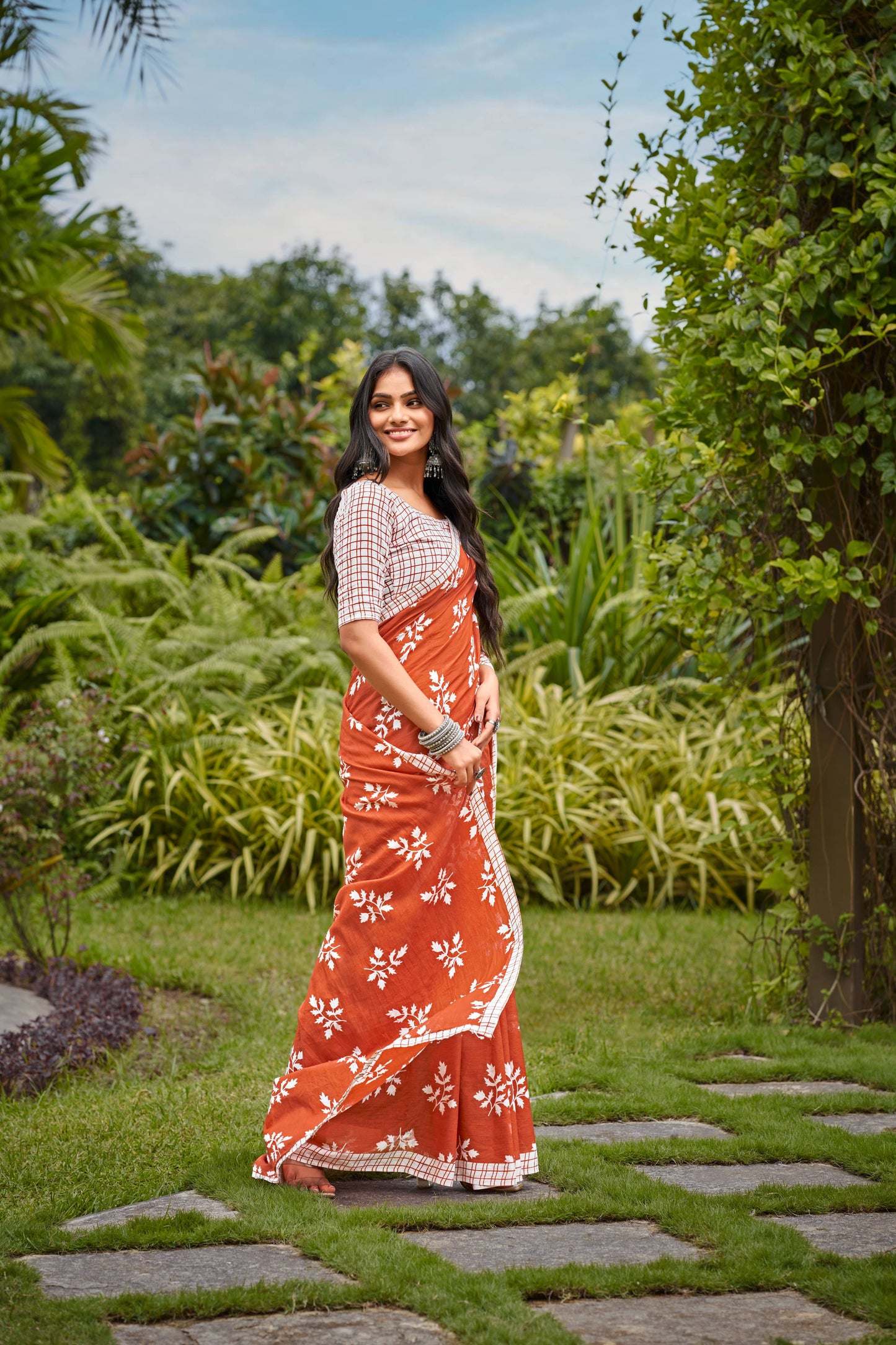 Orange Cotton Mul Printed Saree