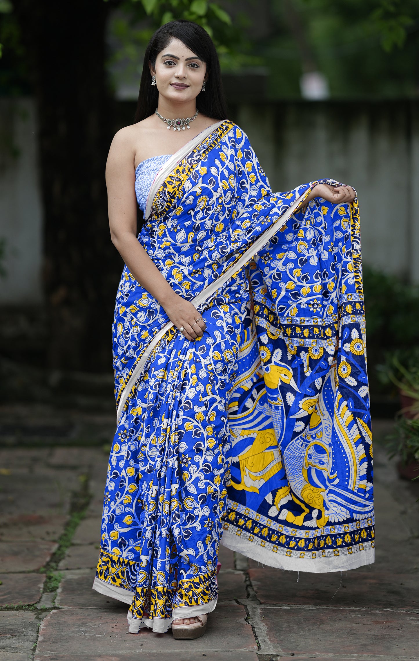 Blue Cotton Mul Printed Saree