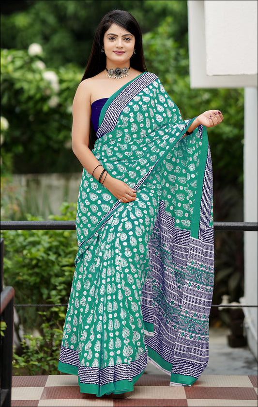 Elegent Green Cotton Mul Printed Saree