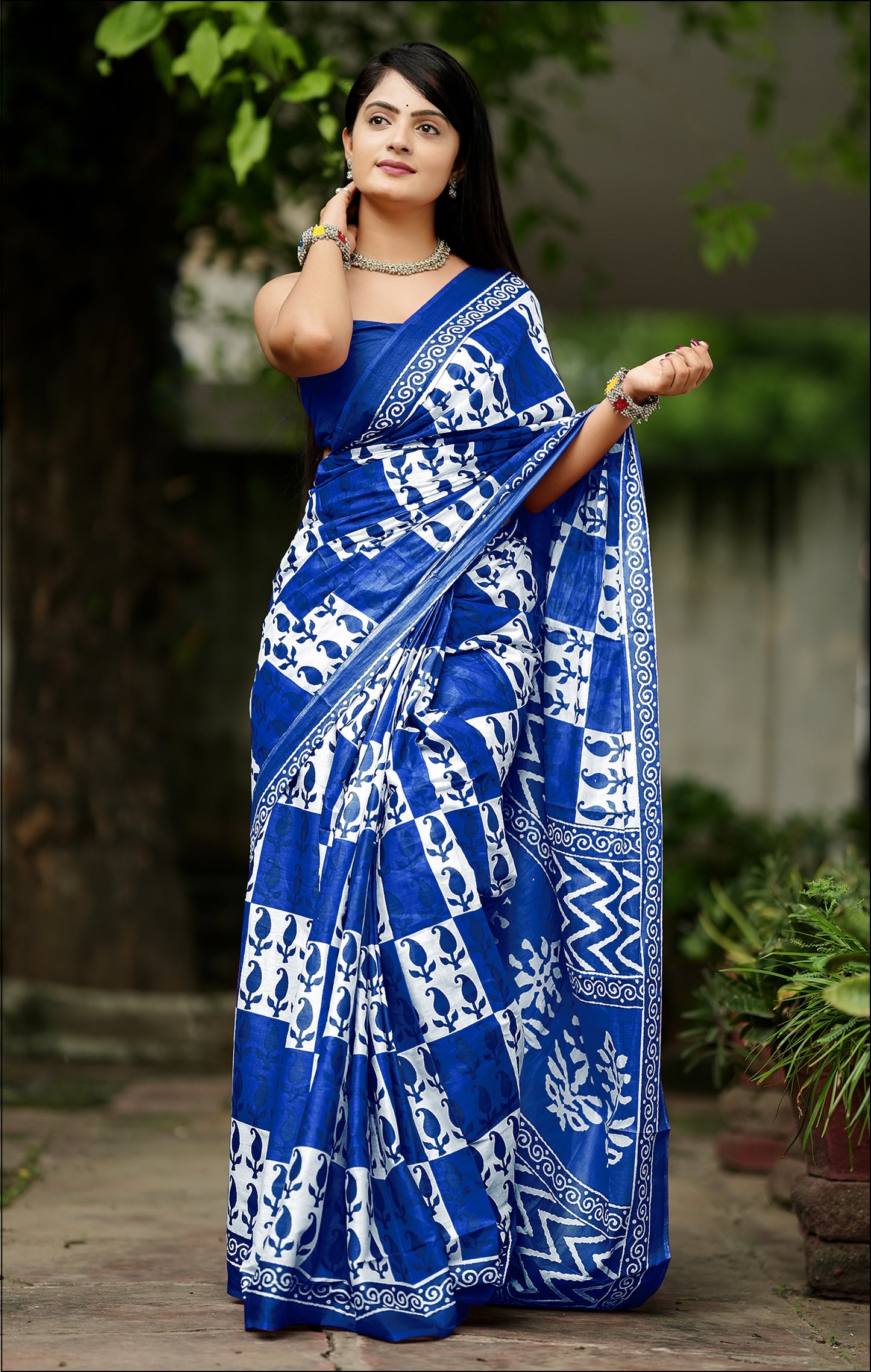 Blue Cotton Mul Printed Saree