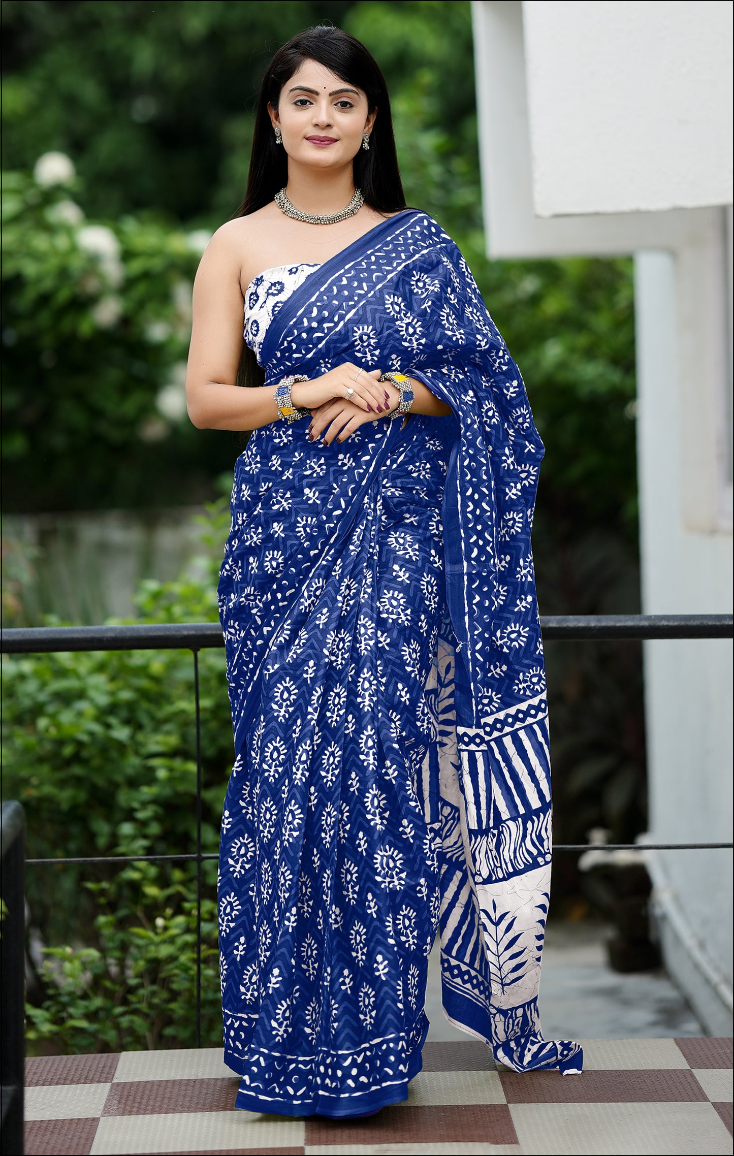 Blue Cotton Mul Printed Saree