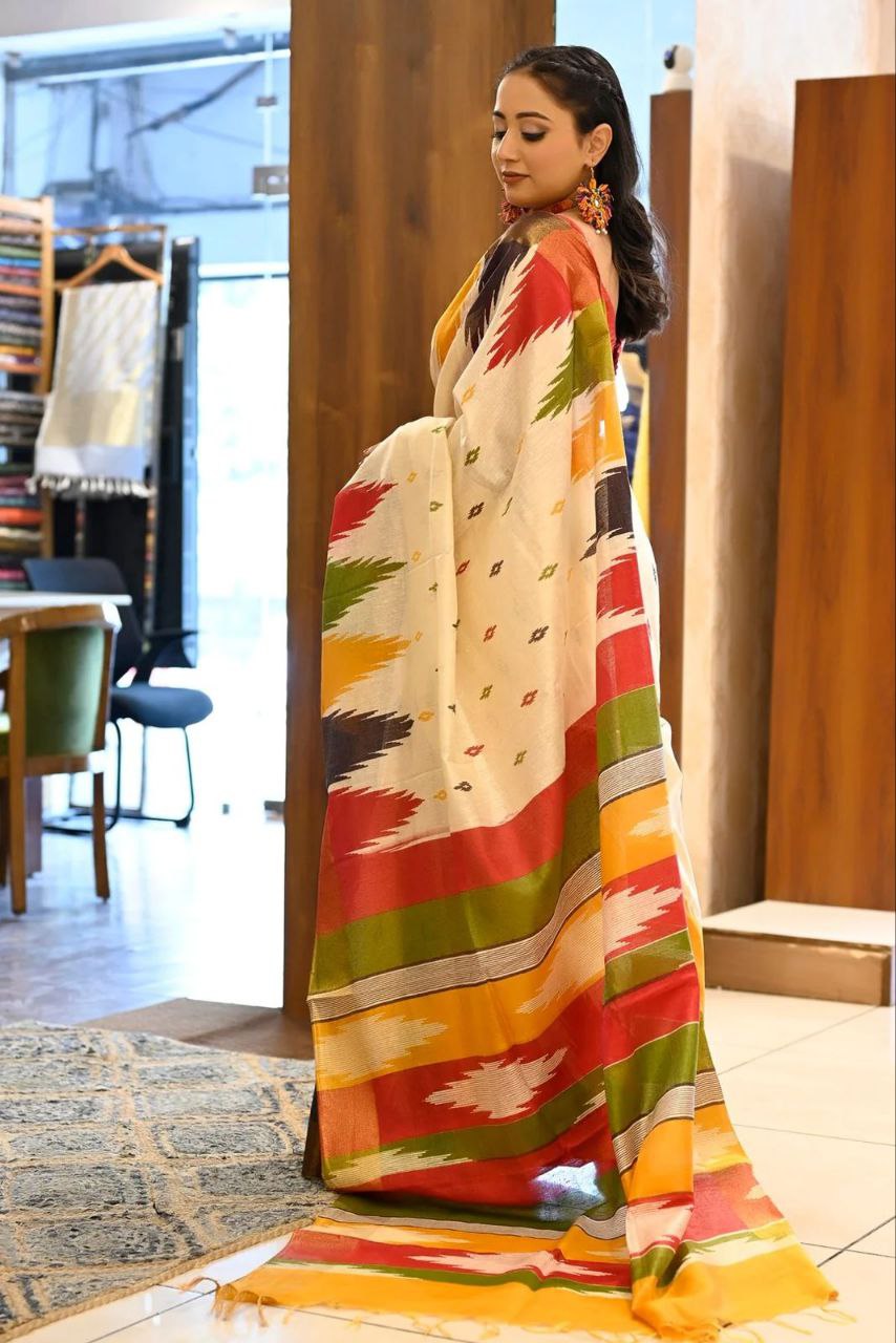 Colorful-White Cotton Mul Printed Saree