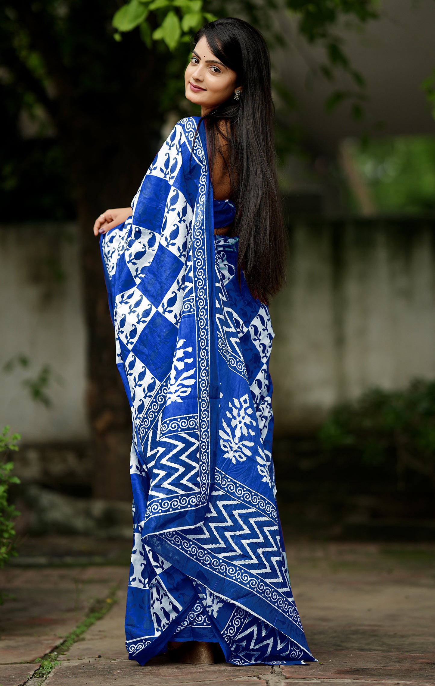 Blue Cotton Mul Printed Saree