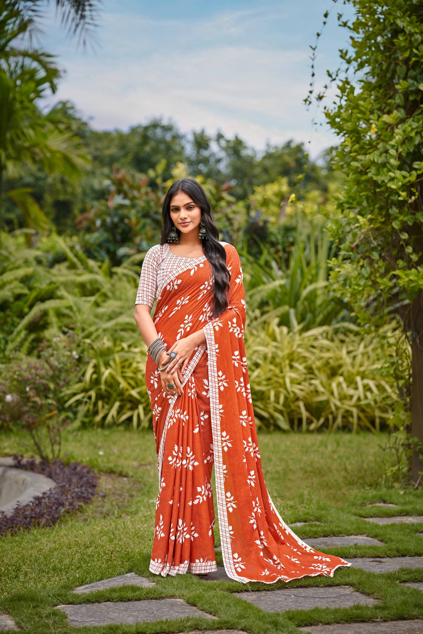 Orange Cotton Mul Printed Saree