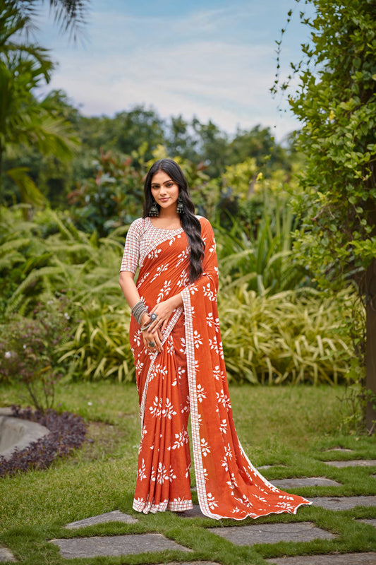 Orange Cotton Mul Printed Saree