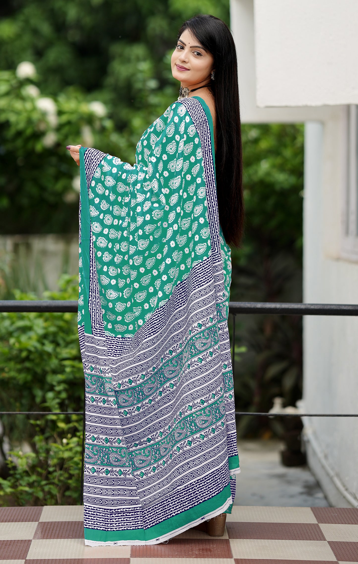 Elegent Green Cotton Mul Printed Saree