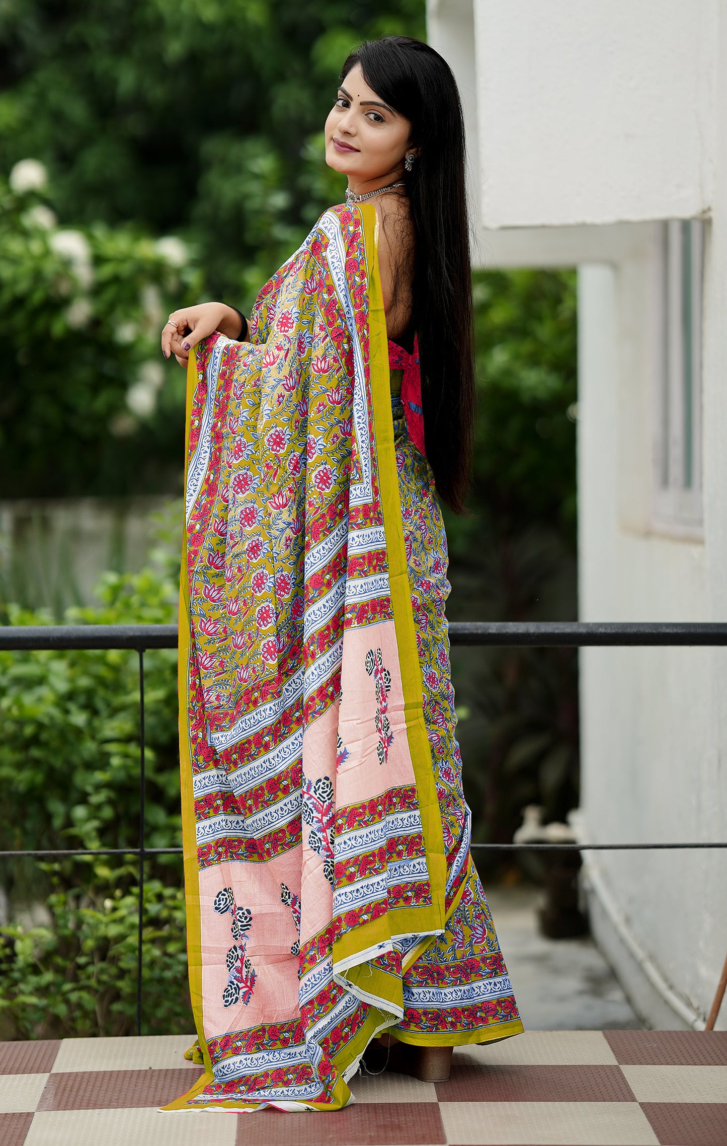 Green Cotton Mul Printed Saree