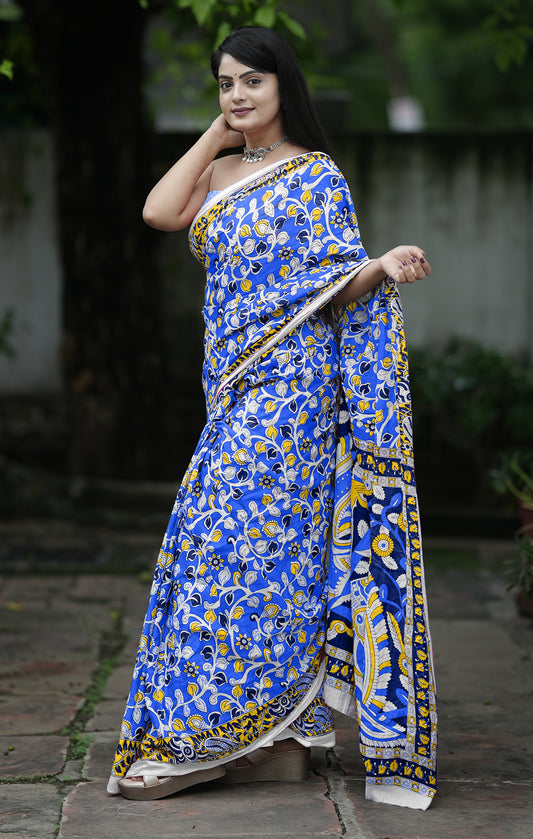 Blue Cotton Mul Printed Saree