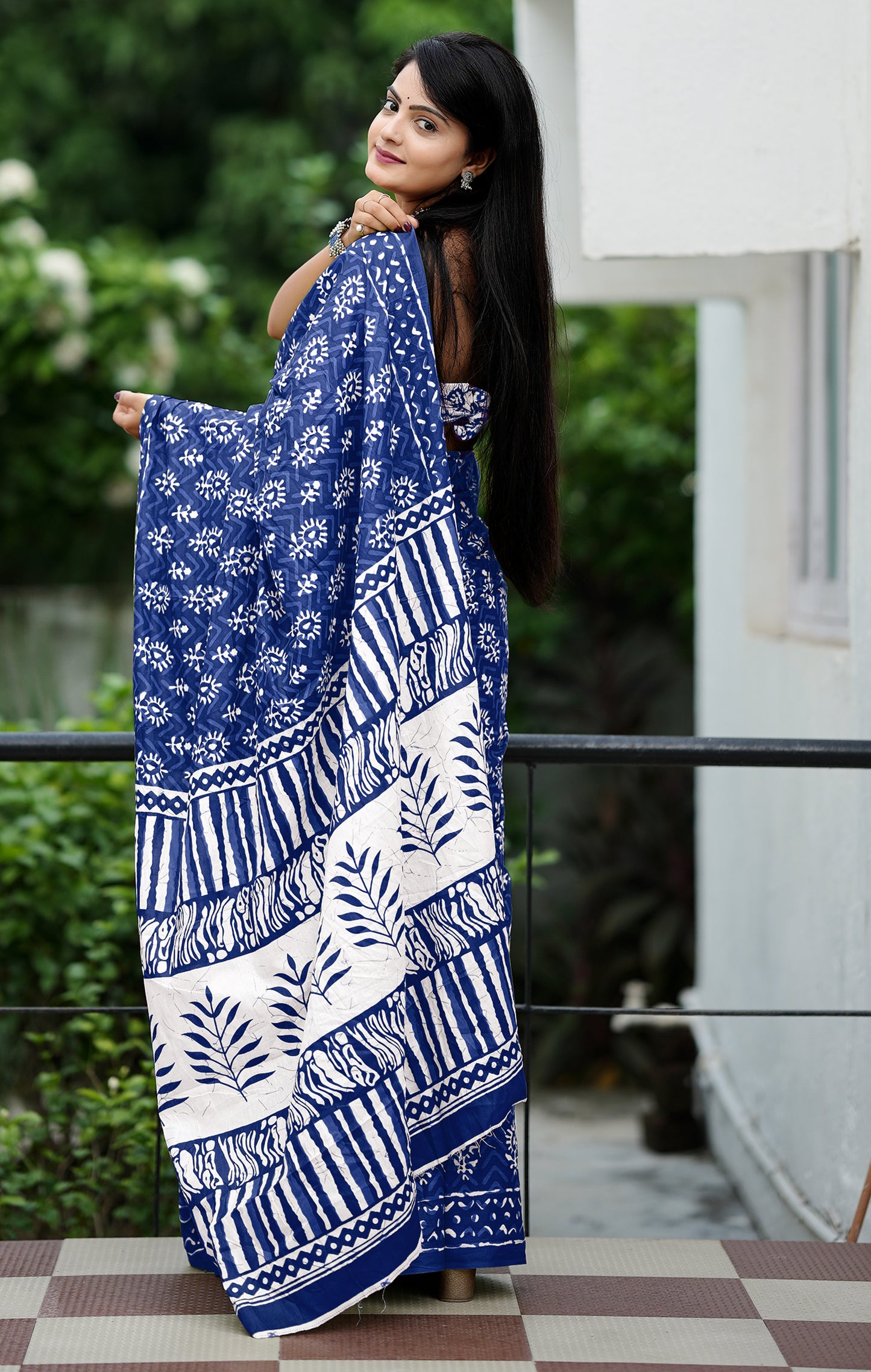 Blue Cotton Mul Printed Saree