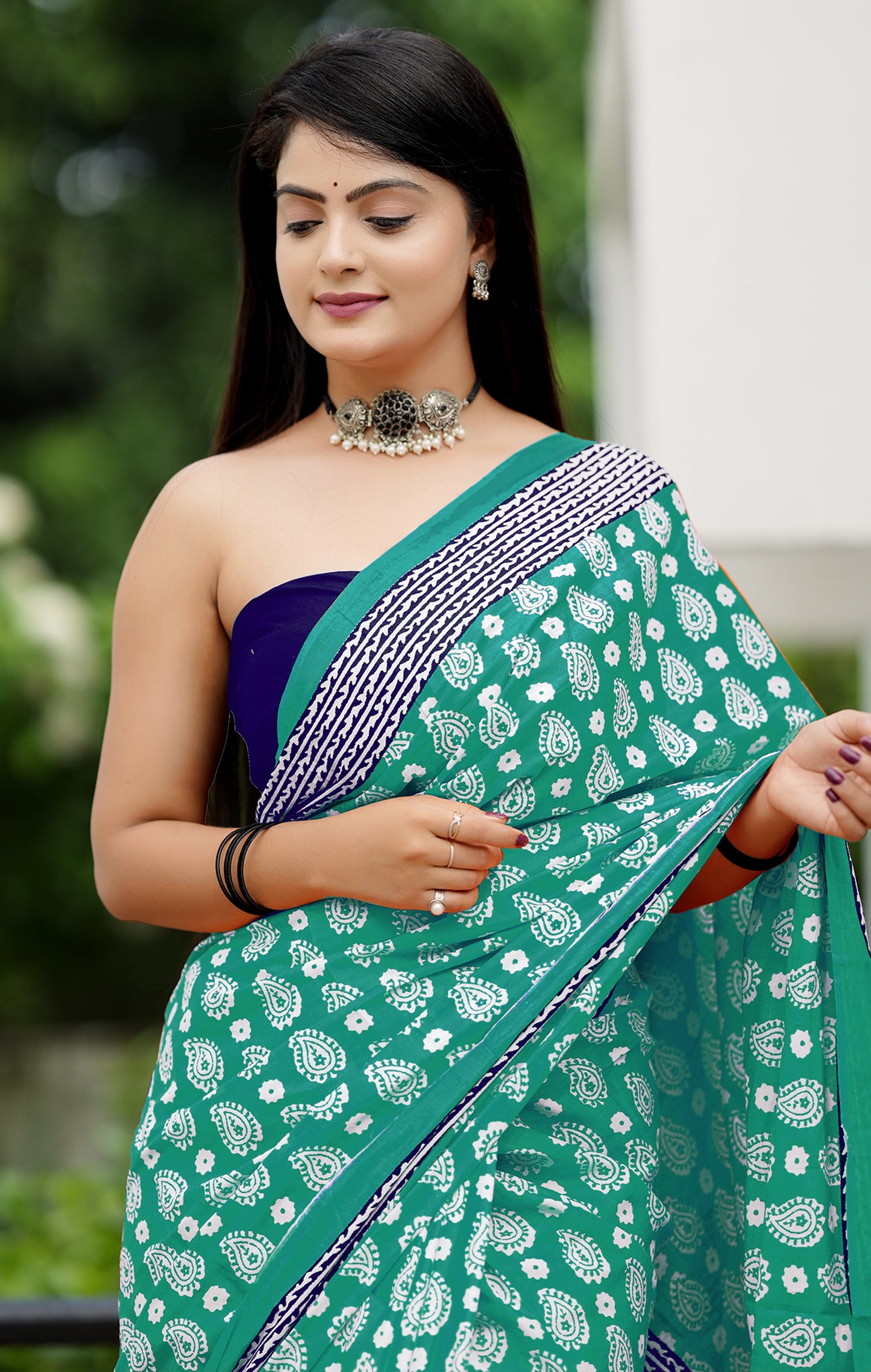 Elegent Green Cotton Mul Printed Saree