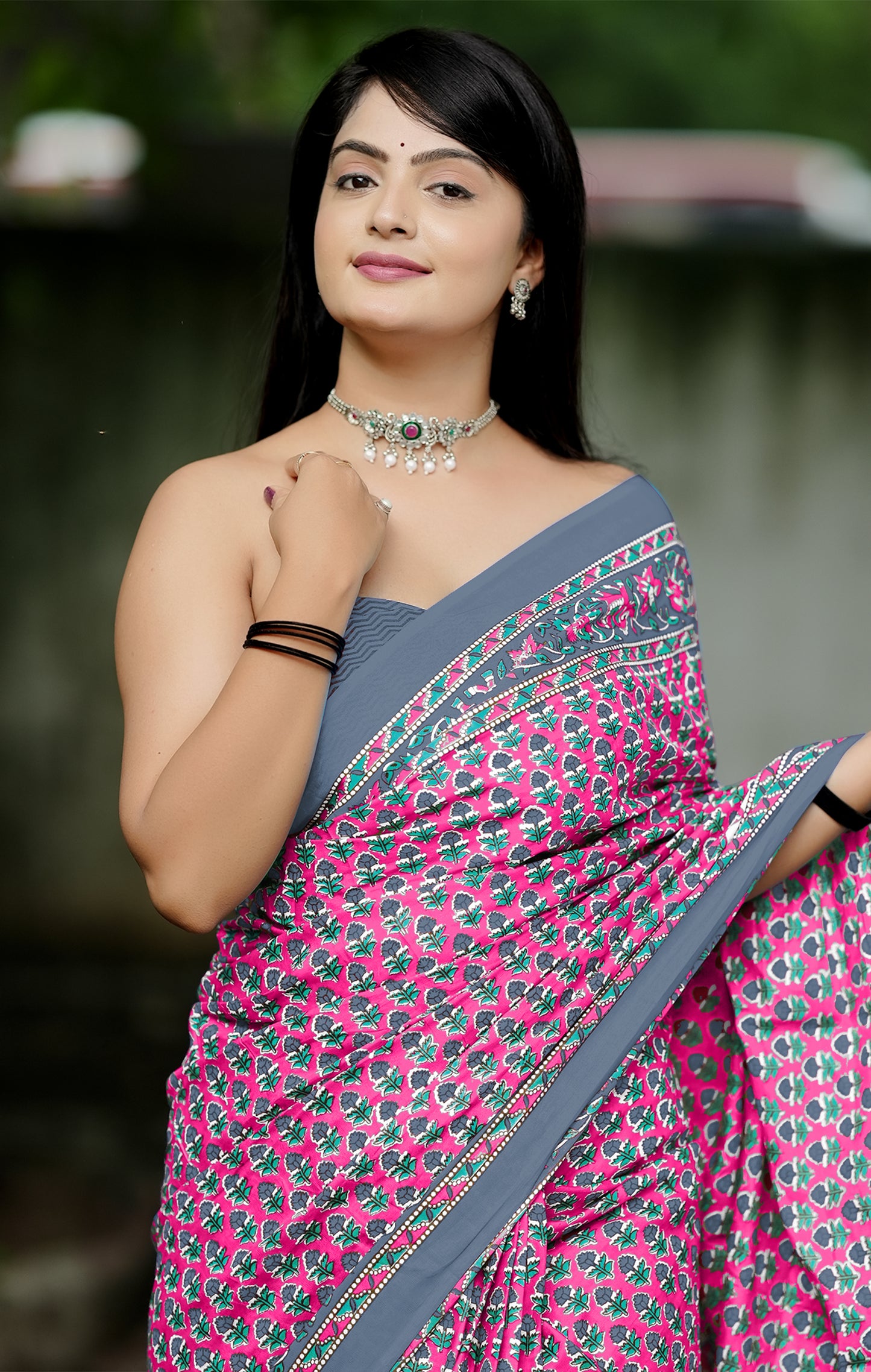 Pink-Grey Cotton Mul Printed Saree