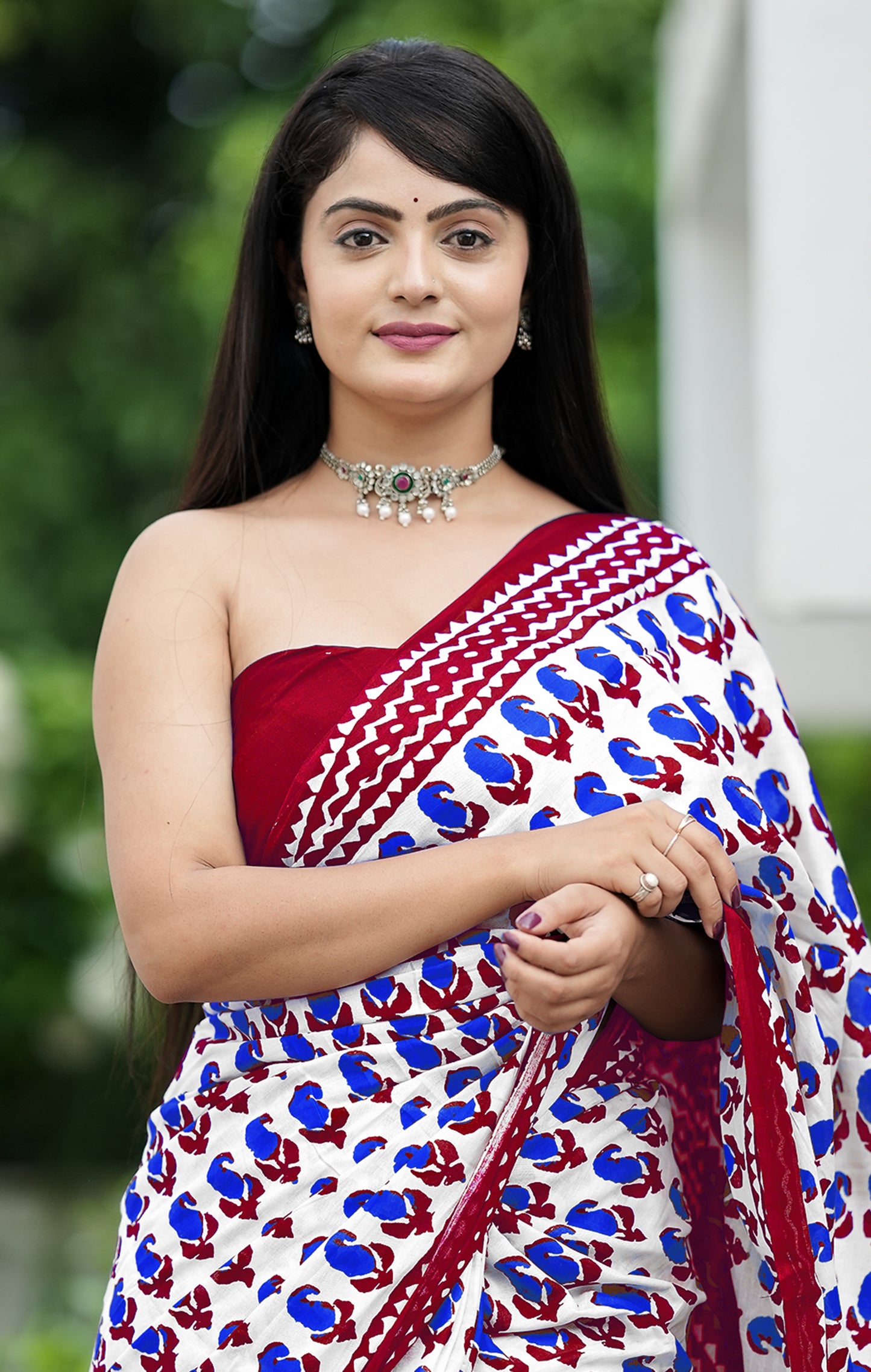 White-Maroon Cotton Mul Printed Saree