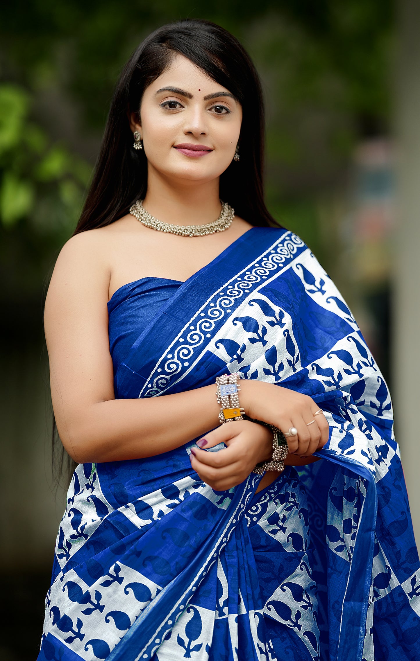 Blue Cotton Mul Printed Saree