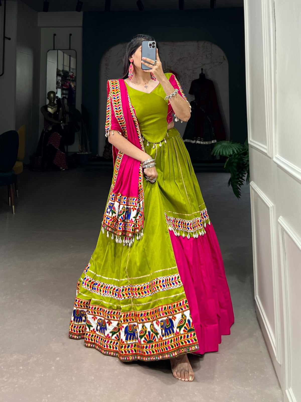 Pink & Parrot Gamthi Work Lehenga