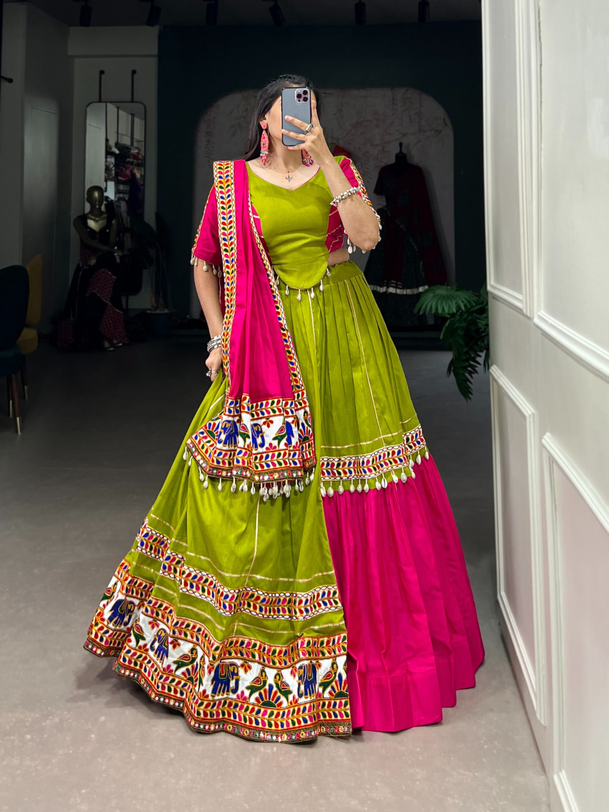 Pink & Parrot Gamthi Work Lehenga