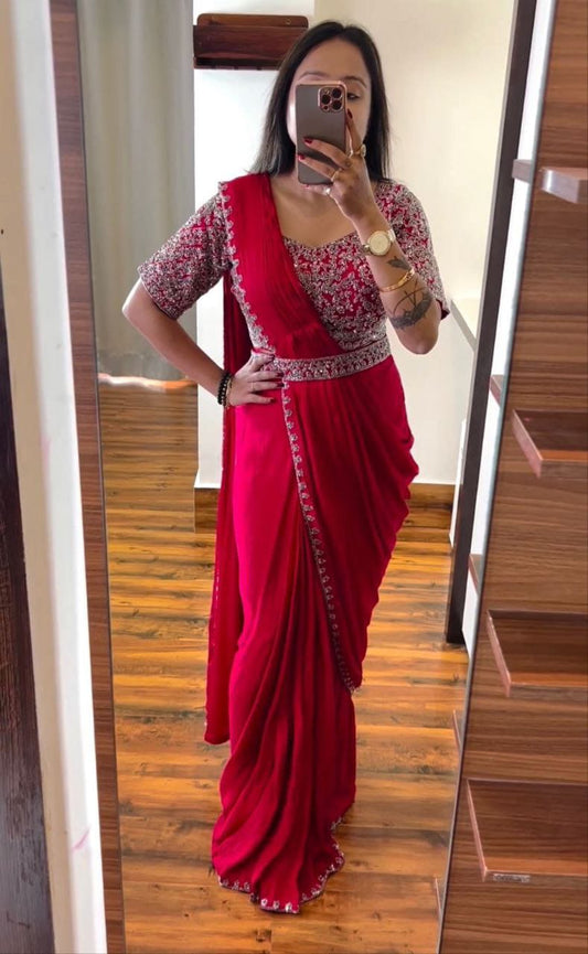 Cherry Red Heavy Chinon Saree