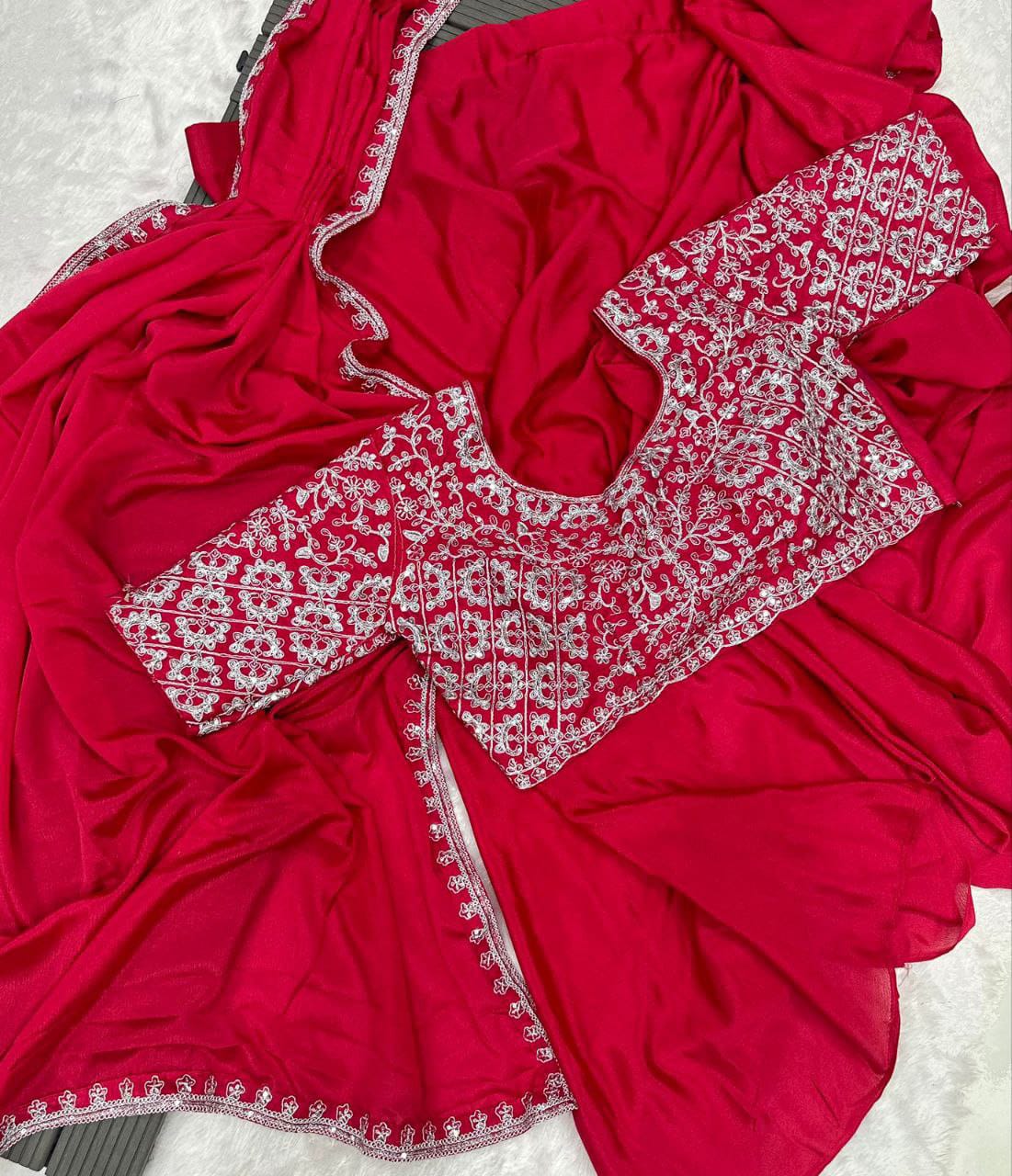 Cherry Red Heavy Chinon Saree