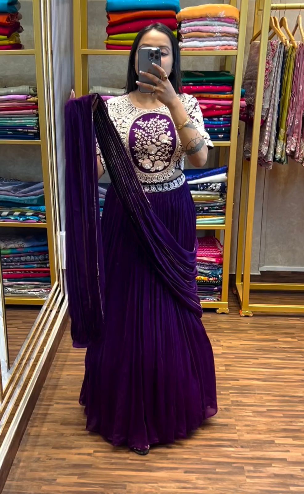 Purple Chinon Lehenga Saree