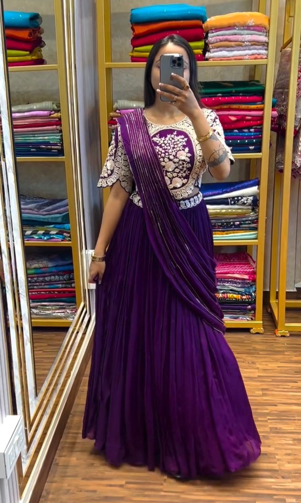 Purple Chinon Lehenga Saree