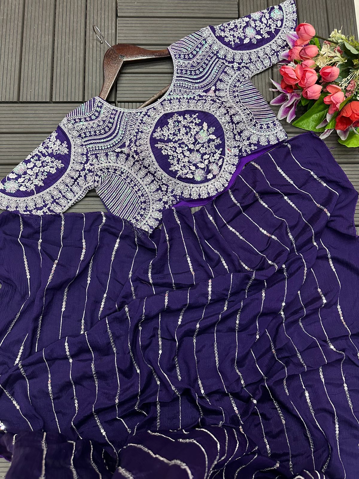 Purple Chinon Lehenga Saree